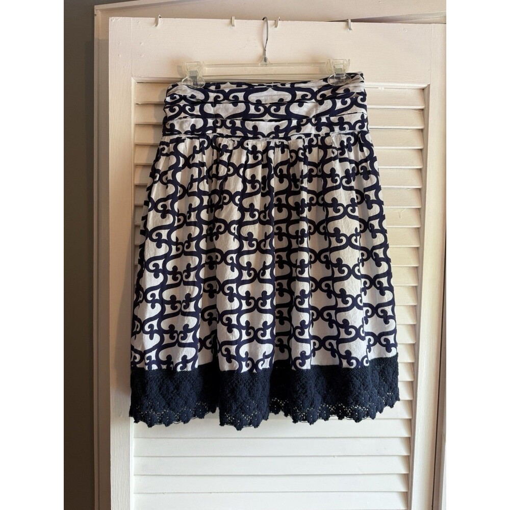 Lucky & Coco Skirt M Blue White Cotton Smocked Waist Lace Crochet Hem Summer